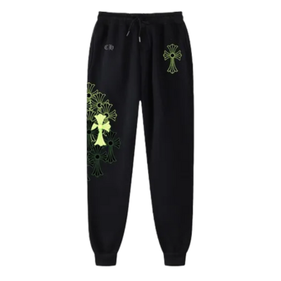 Chrome Hearts Black Sweatpants Neon Green Cross Logo Chrome Hearts Black Sweatpants Neon Green Cross Logo