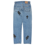 Chrome Hearts blue and black cross patch jeans